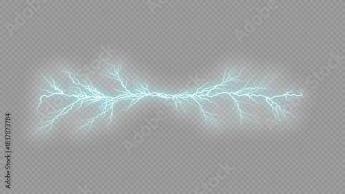 Electric discharge or lightning effect, bright blue energy arc, isolated on white background, realistic digital art