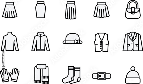 Set of black linear fashion icons including skirts, jackets, hats, gloves and accessories, flat vector illustration isolated on white background.