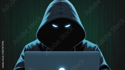 Shadowy Figure and Cyber Threat: A cloaked figure, shrouded in mystery, hunches over a laptop, its illuminated eyes hinting at malicious intent and unseen digital threats.