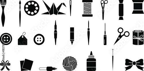 Black craft and art supplies icons on white background