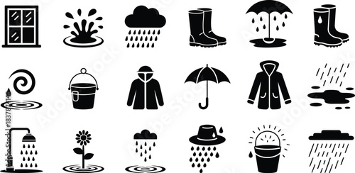 Black icons of rain weather and water related objects