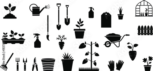 Black silhouette garden tools plants and greenhouse icons