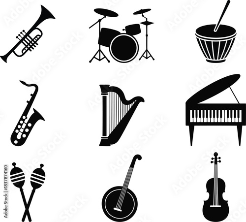 Black silhouette musical instruments on white background
