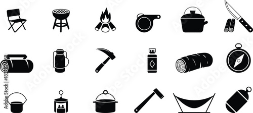 Camping and outdoor activity icons set collection