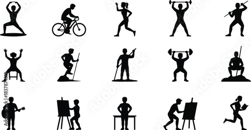 Black silhouettes of people engaged in various activities