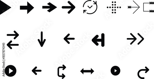 Including Play, Forward, Backward, Refresh, Directional, and Exchange Arrows for UI, Navigation, and Media Interface Design Elements