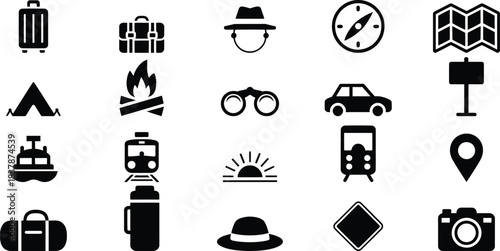 Travel and adventure icons including luggage map compass and transport