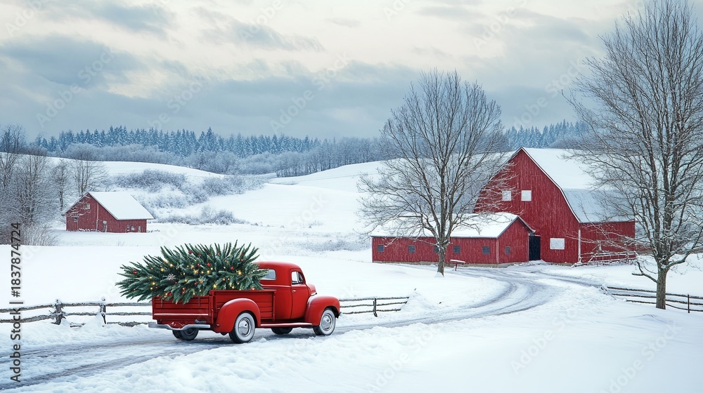 Naklejka premium A vintage red truck carries a Christmas tree through a snowy landscape with a red barn in the background .