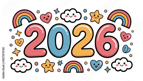 New Year 2026: A vibrant and colorful cartoon illustration, with a playful array of rainbows, stars, clouds, and hearts surrounding the numerals 2026, captures a spirit of fun and festive design.