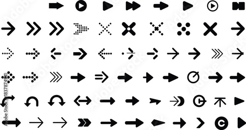 Massive Vector Arrow and Control Icon Set: Diverse Collection of Directional, Media Player, Navigation, and Movement Icons Including Play, Forward, Repeat, and Cursor Arrows