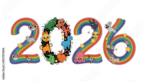 Whimsical Year 2026: An enchanting, colorful illustration presents the year 2026, embellished with playful animal characters.