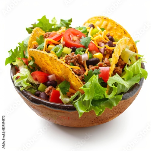 Delicious taco salad featuring crispy tortilla chips, seasoned ground beef, cheese, black beans, corn, tomatoes, onions, lettuce and spices