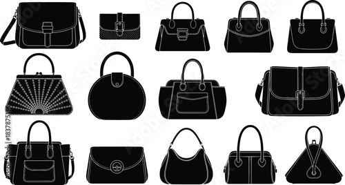 Handbag silhouette collection, fashion accessories, purse styles, tote, clutch, satchel, shoulder bag, black icons, design comparison