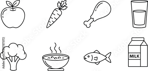 Healthy food icons, nutrition illustration, black and white style, fruit, vegetable, protein, dairy, soup, milk carton, educational design