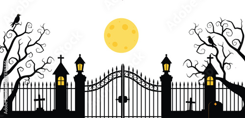 Spooky graveyard scene, haunted gate, Halloween night, eerie moonlight, gothic chapel, twisted trees, horror ambiance, creepy cemetery, dark fantasy, ghostly vibe