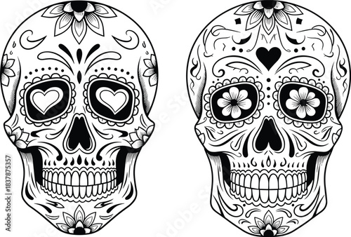Sugar skulls illustration, Day of the Dead art, floral calaveras, symmetrical design, Mexican tradition, colorful celebration, cultural icon