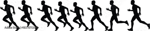 Running stride cycle, athlete silhouettes, motion phases, biomechanics, black vector, sports science, human movement, animation reference, training icon