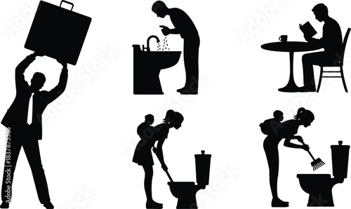 Set of Daily Life Activity Silhouettes: People Working, Drinking, Reading, Washing Face, and Cleaning Toilet While Carrying Baby, Representing Everyday Routine and Chores