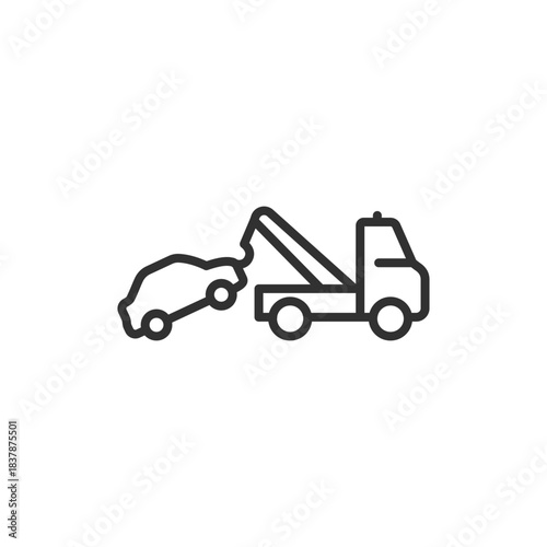 Tow truck with car, linear icon. Vehicle towing and roadside assistance. Line with editable stroke.