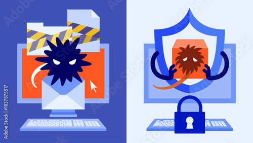 Ransomware Encryption Moment vs EDR Instant Block in Cyber Security Office vector illustration
