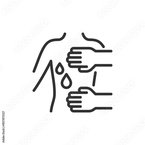 Hands massaging shoulder with drops, linear icon. Lymphatic drainage and skincare procedure. Line with editable stroke.