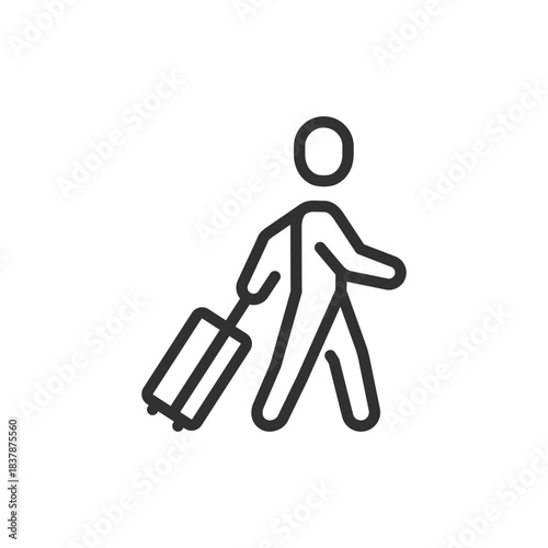 Person with suitcase, linear icon. Traveler and business trip. Line with editable stroke.
