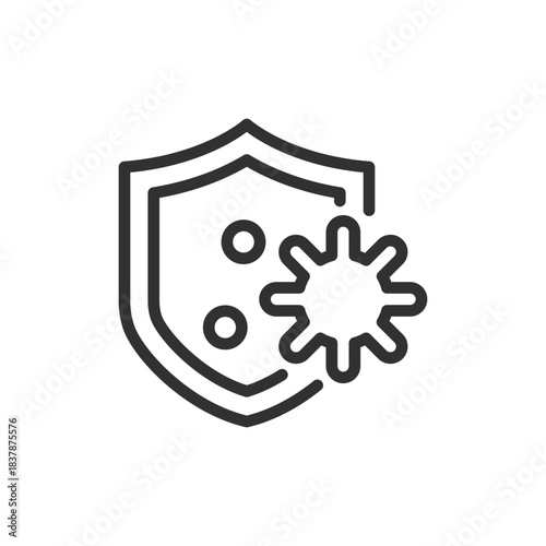 Shield with virus, linear icon. Immune defense and vaccination protection. Line with editable stroke.