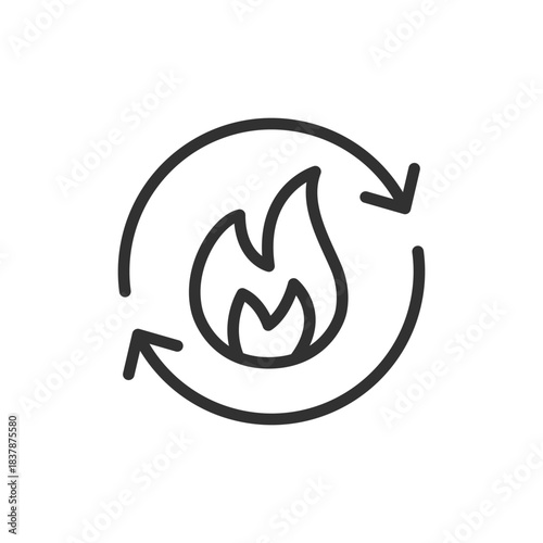Flame with arrows, linear icon. Metabolism and energy renewal. Line with editable stroke.