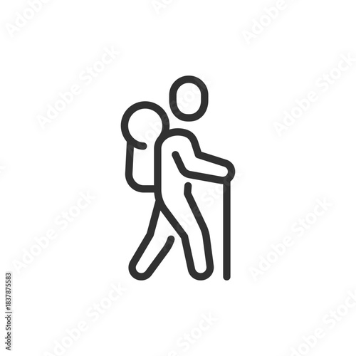 Hiker with backpack, linear icon. Adventure and outdoor exploration. Line with editable stroke.