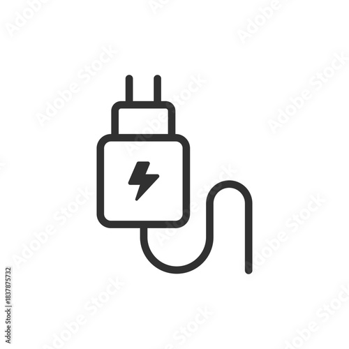 Charging adapter with cable, linear icon. Power supply and electronic device charger. Line with editable stroke.