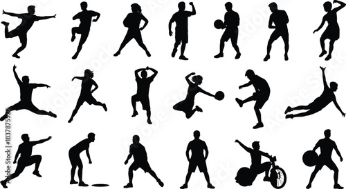 Set of Black Sports and Activity Silhouettes: Collection of People Playing Soccer, Cycling, Jumping, and Exercising, Representing Fitness, Athletics, and Active Lifestyle Illustration