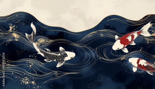 Wallpaper Mural Elegant Koi Fish Swimming in Abstract Wave Pattern Torontodigital.ca