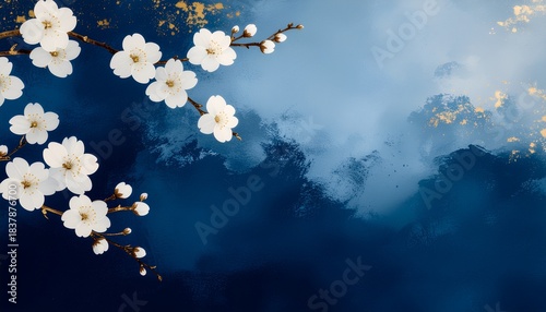 Wallpaper Mural Elegant Cherry Blossom Branch on Textured Blue Background Torontodigital.ca