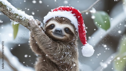 Baby sloth wearing a Santa hat, hanging from a snowy branch .