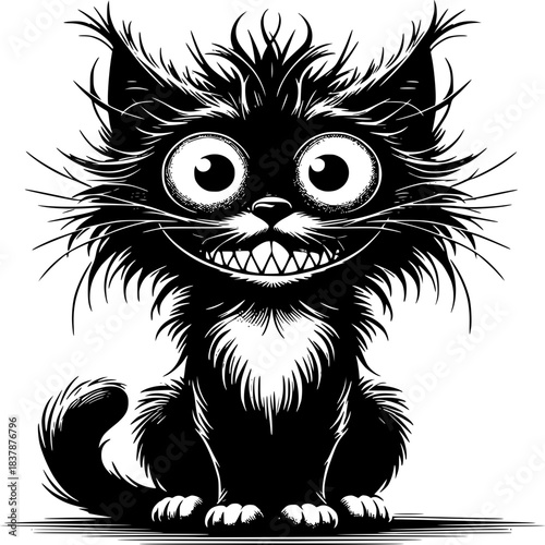 Sinister Grin Cat: A cartoonish black cat with a mischievously wide grin that creates an eerie, playful aura. It emanates a unique blend of dark humor and cartoonish charm.