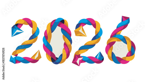 Vibrant Year 2026: A playful and colorful representation of the year 2026, composed of interwoven vibrant strands, celebrating the coming year with a sense of optimism and artistic flair.