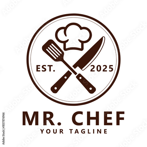 Chef Logo Design Vector template – Hat with Spatula and Knife Emblem