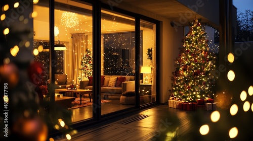 view from outside looking into festive living room, warm lighting .
