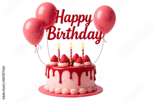 Delightful pink birthday cake topped with strawberries candles and surrounded by matching balloons creating a cheerful celebration scene isolated on white background
