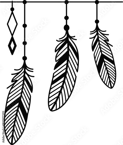 Tribal feathers, black and white, hanging decor, striped pattern, bead string, geometric ornament, craft symbol, vector illustration, cultural design, tattoo styleTribal 