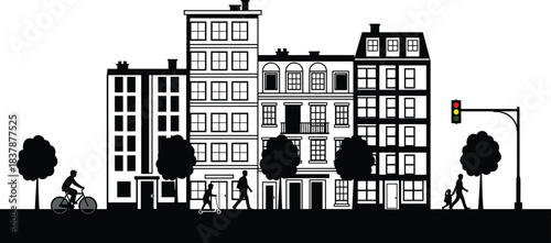Urban street silhouette, residential buildings, city life, walking, biking, dog walking, traffic light, black vector, neighborhood illustration