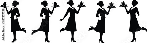 Waitress silhouette, serving tray, teapot, joyful pose, hospitality icon, uniformed server, black vector, food service, dynamic gesture