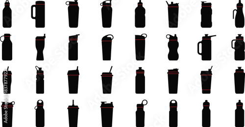 Water bottle silhouettes, tumbler icons, drinkware shapes, lid styles, straw bottles, handle types, black vector, hydration gear, container designs