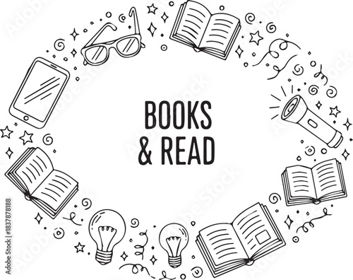 Books and Reading Doodle Frame with Learning Elements.