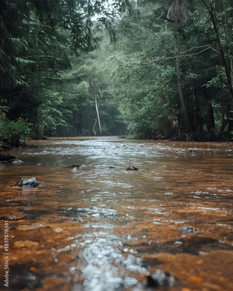 Fototapeta premium brown river, flowing river, dense forest, forest landscape, river scenery, nature view, woodland river, tranquil water, forest stream, natural environment, river through trees, wilderness, river 