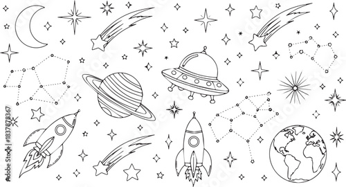Cosmic Space Elements Collection with Planets Rockets UFOs and Stars.