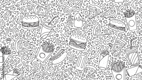 Delicious Fast Food Items Pattern Illustration.