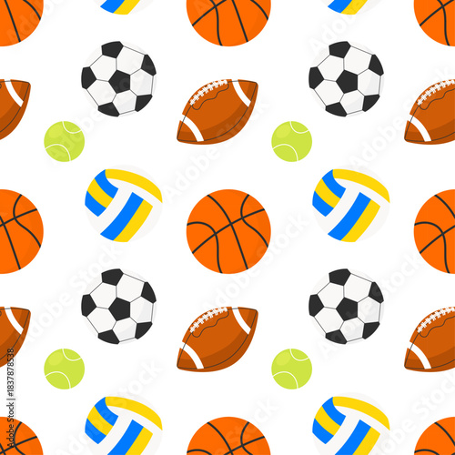 Seamless sports pattern with colorful football, basketball, volleyball, tennis ball and rugby ball. Bright playful design for kids decor, textile, wrapping paper and sport-themed backgrounds.