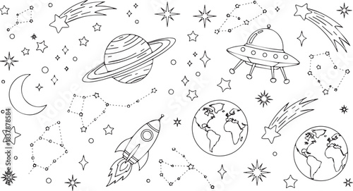 Handdrawn space elements with planets rockets and stars.