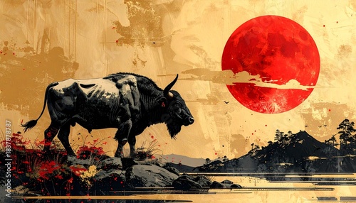 Wallpaper Mural Bull in Front of a Red Sun with Japanese Landscape Torontodigital.ca